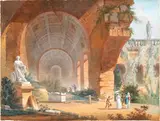 Capriccio with Roman ruins and monuments, a group of tourists, and the Ludovisi Ares statue by Pierre-François-Léonard Fontaine, The painting bears a signature and date on the statue’s pedestal: “FONTAINE /, offered Jun 2026