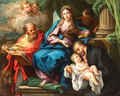 Sebastiano Conca, Holy family with Saint Antonio from Padua and Saint Marc the Evangelist, The painting bears a brush signature at the lower center: “EQUES CONCA”. After his apprenticeship under Francesco