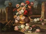 Andrea Belvedere, Bouquet of flowers in a vase near a fountain, In questa sontuosa natura morta floreale en plein air