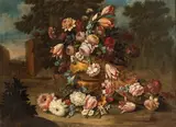 Andrea Belvedere, Bouquet of flowers in a vase with a basket, In questa sontuosa natura morta floreale en plein air