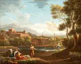 Jan Frans van Bloemen l'Orizzonte, Landscape with figures, a stretch of water, and a town in the background, Oil on canvas