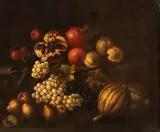 Still life of grapes, pears, melons, and pomegranates by Michelangelo Cerquozzi Michelangelo delle Battaglie, The painting is accompanied by an expertise by Prof. Giancarlo Sestieri. This Still life of grapes, offered Jun 2026