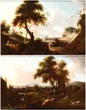 Alessio de Marchis, a) Coastal landscape with figures, herds, and a small tower; b) Landscape with a spring, a stream, shepherds, and herds. Pair of paintings, Oil on canvas