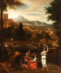 Nicolas Poussin, Landscape with figures, a river, and a castle in the background, Oil on canvas