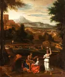 Nicolas Poussin, Landscape with figures, a river, and a castle in the background