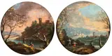Alessio de Marchis, a) River landscape with figures and a tower in the background; b) Landscape with a small waterfall, figures, and a town in the background. Pair of paintings, Oil on panel