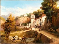 Giacinto Gigante, Landscape with the Sanctuary of the Avvocatella in Cava dei Tirreni, The painting bears a brush signature at the lower right: “GIA. GIGANTE”.