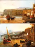 Giacinto Gigante, a) Coastal view with boats and a fishing village; b) Coastal view with cliffs and a landing place. A pair of paintings, Oil on cardboard