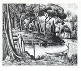 Diego Pettinelli, Landscape with lake, boat and ancient sculpture, 1937, Woodcut