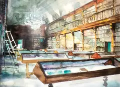 Massimo Giannoni, Interior view of a library, Stamp on the back of Galleria F. Russo in Rome