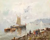 Nicolas De Corsi, Seascape with beach and three boats, 1923