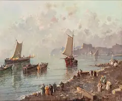 Nicolas De Corsi, Seascape with beach, figures strolling and boats