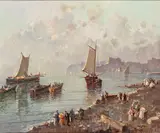 Nicolas De Corsi, Seascape with beach, figures strolling and boats