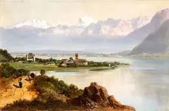 Albert Zimmermann, A lakeside scene with a mountainous landscape