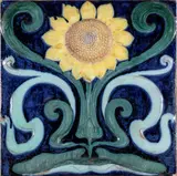 Galileo Chini, Tile with sunflower decoration, On the back stamp A.D.C.F.: Arte della Ceramica Firenze