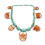 Gerardo Sacco, Collection "Masks and Coins": gold necklace with turquoise and coral, featuring one strand of graduated turquoise discs separated by