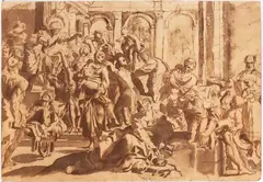 Guido Reni, Saint Roch distributing alms to the poor, after Annibale Caracci, Brown ink