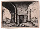 Johannes van Doetecum I, View of the ruins with the base of an arch and a column on the right, after Hieronymus Cock?, Engraving and etching