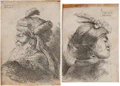 Head of a man facing right | Head of an old man facing left by Giovanni Benedetto Castiglione detto Il Grechetto, Two etchings from the series “Piccoli ritratti”: Head of a man facing right Etching, offered Apr 2026