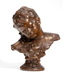 Friedrich Goldscheider, Terracotta bust, Important terracotta sculpture by Friedrich Goldscheider with brown patina depicting a boy with his head bowed