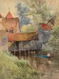 Onorato Carlandi, River landscape with English farmhouses
