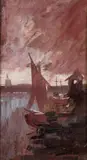 Virgilio Simonetti, Port view with boats, Stamps on the back: Virgilio Simonetti