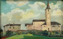 Angelo Rescalli, Landscape with white village, Oil on board