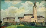 Angelo Rescalli, Landscape with white village, Oil on board