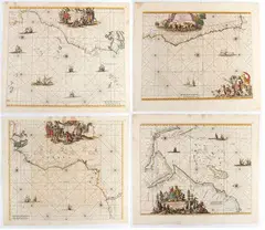Frederick de Wit, [Africa - carte nautiche] Occidentalior Tractus Indiarum Orientalium | Tractus Littorales Guineae a Promontorio Verde | Cimbebas et Caffariae Littora a Catenbela ad Promontorium Bonae Spei | Barbariae, lotto di quattro mappe nautiche della costa africana. etching and bulino