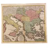 Matthäus Seutter, [Europa - Italia - Balcani - Grecia] Theatrum belli sive novissima tabula qua maxima pars Danubii et præsertim Hungaria cum aliis adiacentibus regnis; nec non Græcia, Morea, et Archipelagi insulæ accu, etching and bulino