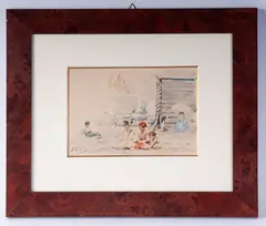Beach with swimmers by Francesco Galante, framed, offered Mar 2026