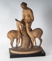 Guido Cacciapuoti, "The Phaoness", Stoneware sculpture in the round with an ebonized wooden base. Cast. Signed G. Cacciapuoti on the base and serial