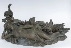 Emil Fuchs, Nymph with cupid, bronze centerpiece sculpture, State of preservation: good.