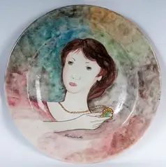 Polychrome ceramic pomp plate by Remo Brindisi, Decorated with a woman's face on a gray, offered Mar 2026