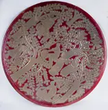 Domenico Rambelli, "The Apple Picker", Polychrome ceramic ceremonial plate with metallic luster. Smooth plate with a beaded rim and a double ring foot.