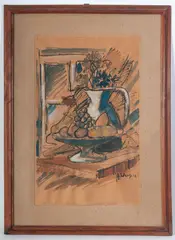 Achille Sdruscia, Silent nature, fruit and pottery, framed
