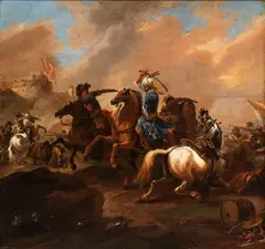 Jan van Huchtenburgh, Battle between Turkish and Christian cavalry (The capture of Nicosia?), This panel can be attributed to the circle of Jan van Huchtenburgh