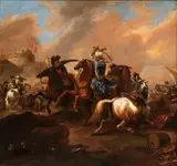 Jan van Huchtenburgh, Battle between Turkish and Christian cavalry (The capture of Nicosia?), This panel can be attributed to the circle of Jan van Huchtenburgh