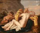 Jacob Gerritsz. Cuyp, Venus in a landscape with a putto, The painting bears a brush monogram at the lower right: "J.K."