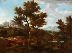 Gaspard Dughet, Landscape with a small waterfall, figures, and a castle, Oil on canvas