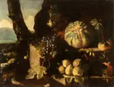 Michelangelo Pace Del Campidoglio, Still life of fruits in a landsacpe, The painting is accompanied by an expertise by Prof. Giancarlo Sestieri. This Still Life with Fruit in a Landscape