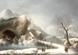 Francesco Foschi, Winter landscape with a bridge, house, cave, and travelers, Oil on canvas
