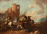 Giuseppe Zais, Cavalry battle at the foot of a ruined tower, The painting is accompanied by an expertise by Prof. Giancarlo Sestieri.