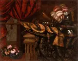 Francesco Noletti Il Maltese, Still life with armor, carpets, and brocades, Oil on canvas
