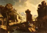 Landscape with stream, figures, and village by Marco Ricci, The painting is accompanied by an expertise by Prof. Rodolfo Pallucchini., offered Mar 2026