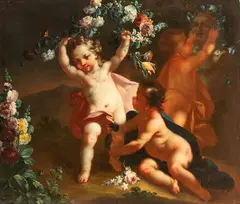 Michele Antonio Rapous, Play of Putti with Flower Garlands, Oil on canvas