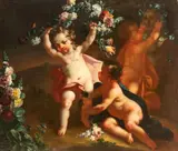 Michele Antonio Rapous, Play of Putti with Flower Garlands, Oil on canvas