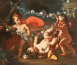 Michele Antonio Rapous, Putti playing with flower garlands, Oil on canvas