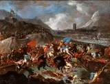 Antonio Calza, Battle at the gates of a fortified city, Oil on canvas