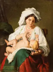 Jacques Alfred van Muyden, Donna abruzzese che allatta un infante, Il dipinto è una bella replica della tela di formato ovale di Alfred Van Muyden